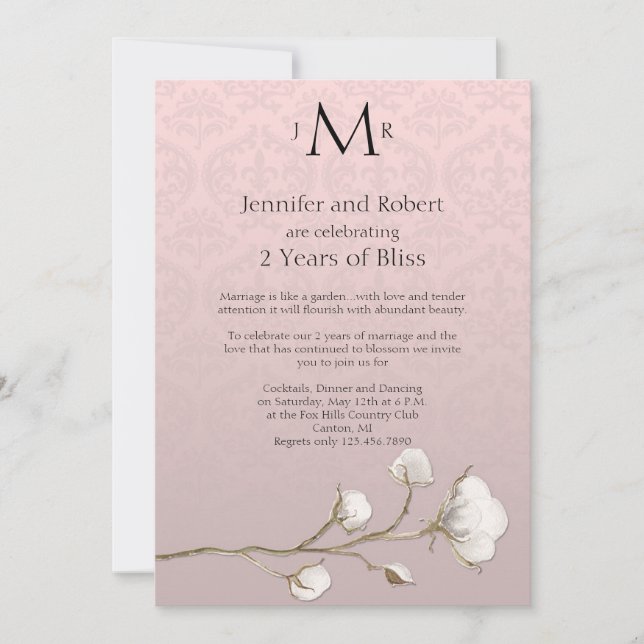 Cotton Damask 2nd Wedding Anniversary Invitation (Front)