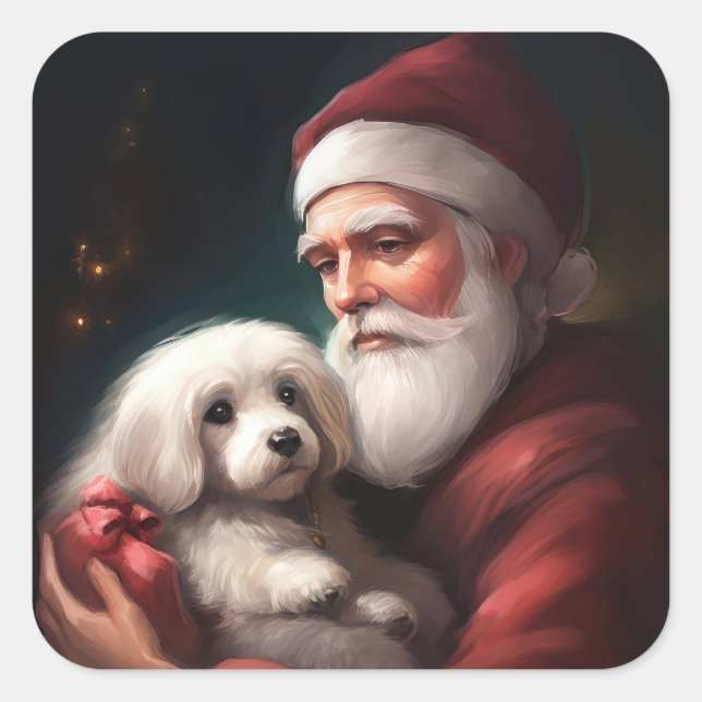 Cotton De Tulear With Santa Claus Christmas Square Sticker (Front)