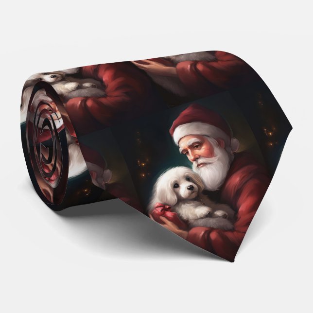 Cotton De Tulear With Santa Claus Christmas Tie (Rolled)