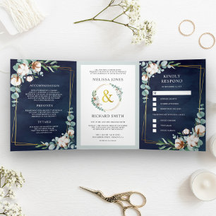 Cotton Eucalyptus All in One Navy Blue Wedding Tri-Fold Invitation