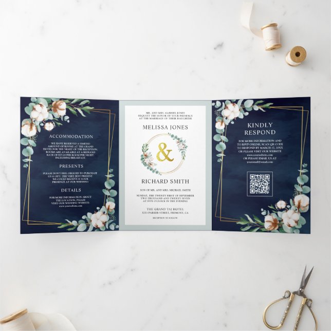 Cotton Eucalyptus Navy Blue QR Code Wedding Tri-Fold Invitation (Inside)
