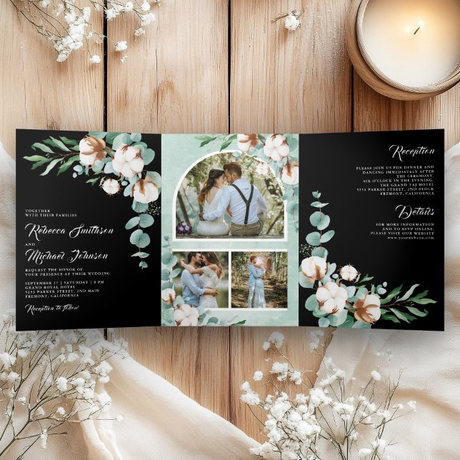 Cotton Eucalyptus Photo All in One Black Wedding Tri-Fold Invitation (Creator Uploaded)