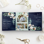 Cotton Eucalyptus Photo Collage Navy Blue Wedding Tri-Fold Invitation<br><div class="desc">Amaze your guests with this elegant wedding invite featuring beautiful leaves and modern typography. Simply add your event details on this easy-to-use template and adorn this card with your favourite photos to make it a one-of-a-kind invitation.</div>