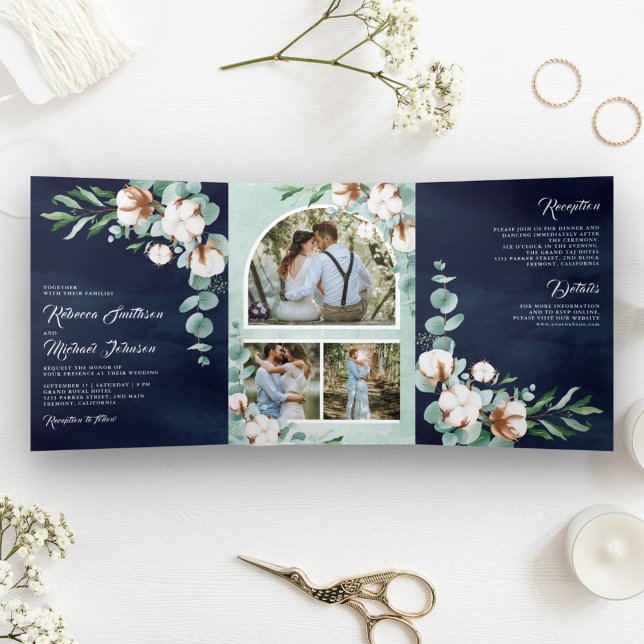 Cotton Eucalyptus Photo Collage Navy Blue Wedding Tri-Fold Invitation (Creator Uploaded)