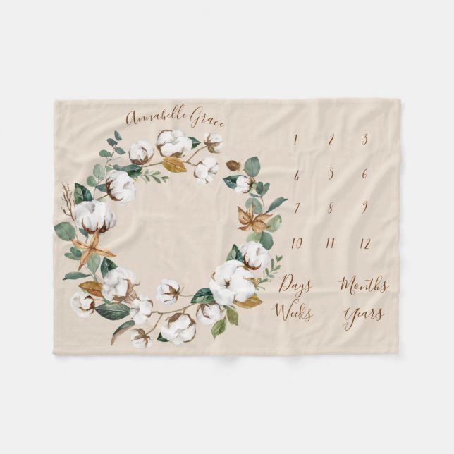 Cotton Eucalyptus Wreath Monthly Baby Milestone Fleece Blanket (Front (Horizontal))