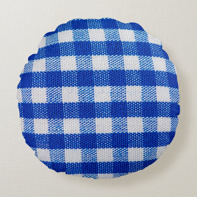 cotton fabric texture blue chequered round cushion (Front)