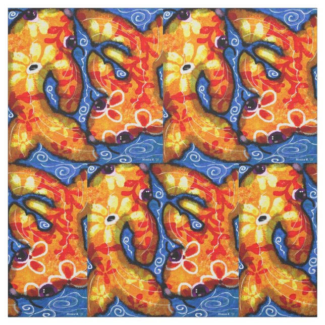 Cotton Fabric - Whimsical Abstract Koi Fish Blue (Swatch)