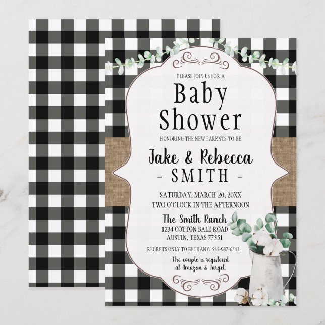 Cotton Farmhouse Black White Neutral Baby Shower Invitation (Front/Back)