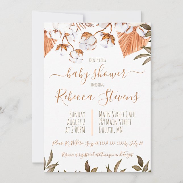 Cotton Flower Watercolor Baby Shower Invitation (Front)