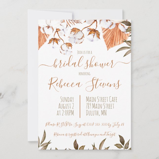 Cotton Flower Watercolor Bridal Shower Invitation (Front)