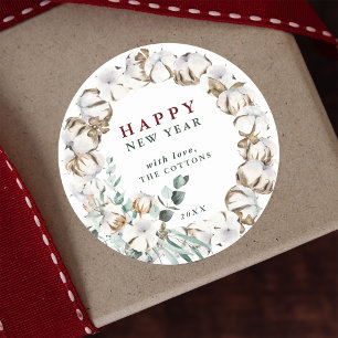 Cotton Flower Wreath Happy New Year Classic Round Sticker