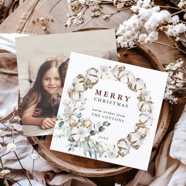 Cotton Flower Wreath Merry Christmas Photo Card  (Front & Back)