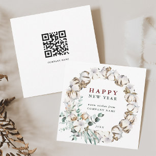 Cotton Flower Wreath New Year Card with QR Code