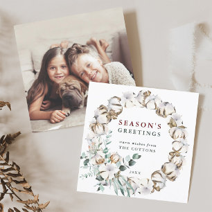Cotton Flower Wreath Season's Greetings Photo Holiday Card