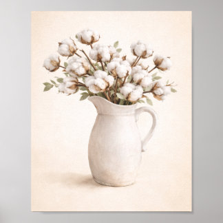 Cotton Flowers in White Pitcher Neutral Farmhous Poster