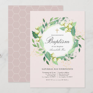 Cotton Garden Wreath Blush Pink Girl Baptism Invitation