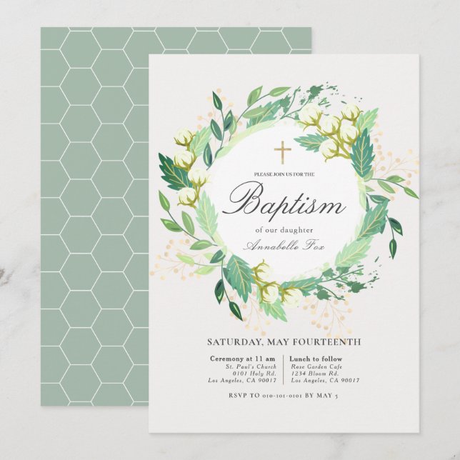 Cotton Garden Wreath White & Green Baptism Invitation (Front/Back)