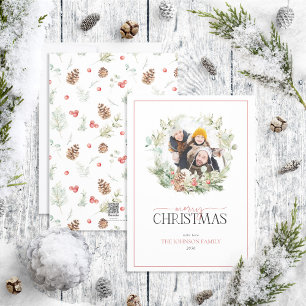 Cotton Greenery Wreath Merry Christmas Photo Holid Holiday Card