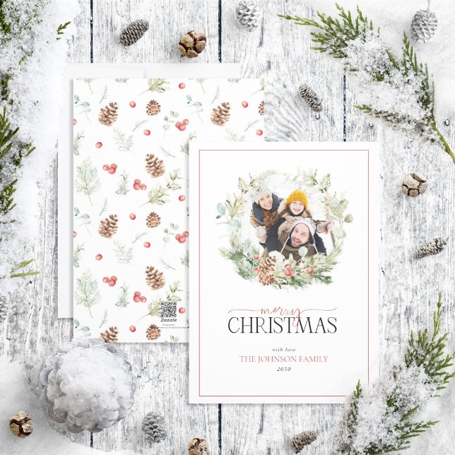 Cotton Greenery Wreath Merry Christmas Photo Holid Holiday Card (Creator Uploaded)