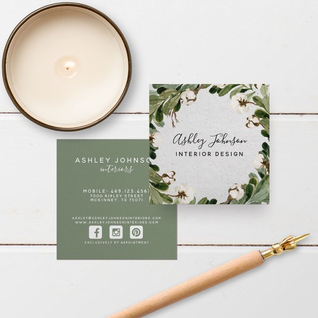 Cotton Greenery Wreath Typography Square Business Card (Creator Uploaded)