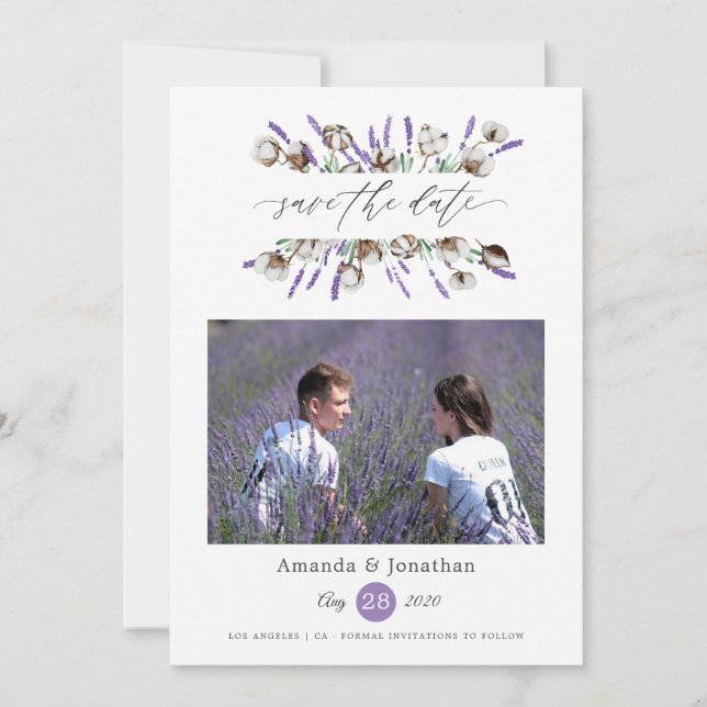 Cotton Lavender Photo Wedding Save The Date (Front)
