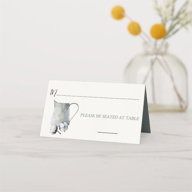 Cotton Stems in Tin Pitcher Wedding Place Card (Front)