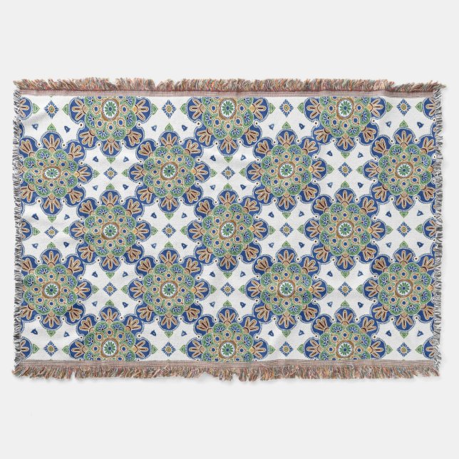 Cotton Throw Blanket with fringe, Medallion design (Front)