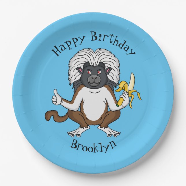 Cotton Top Tamarin monkey cartoon illustration Paper Plate (Front)