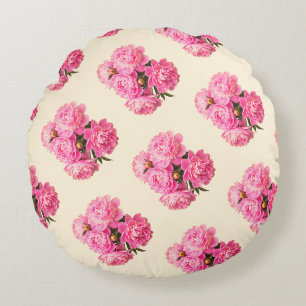 Cotton Vintage Watercolor Pink Peonies Floral Round Cushion