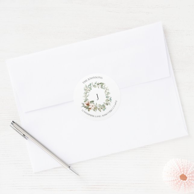 Cotton Winter Greenery Wreath Monogram Classic Rou Round Sticker (Envelope)