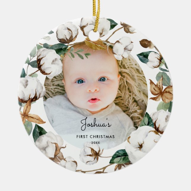Cotton Wreath Baby 1st Christmas Photo Ornament (Front)