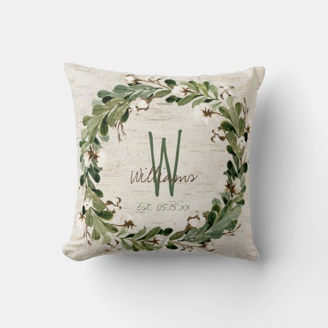 Cotton Wreath Birch Bark Monogram Wedding Keepsake Cushion (Front)
