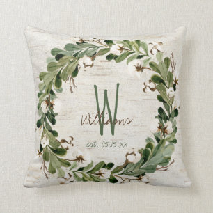 Cotton Wreath Birch Bark Monogram Wedding Keepsake Cushion