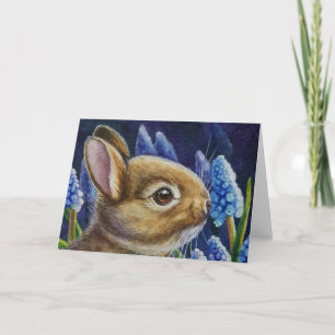 Cottontail Rabbit & Grape Hyacinth Watercolor Art Card
