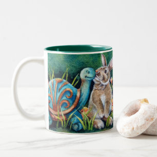 Cottontail Rabbit & Turtle Statue Watercolor Art  Two-Tone Coffee Mug