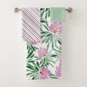 Coubtry Rustic Pink Watercolor Floral Art Bath Towel Set