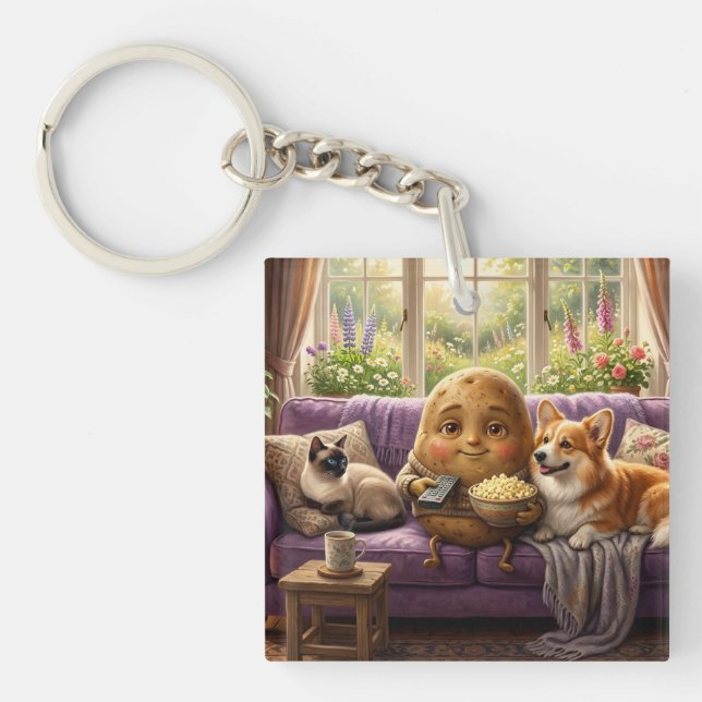 Couch Potato Corgi and Cat Key Ring (Front)