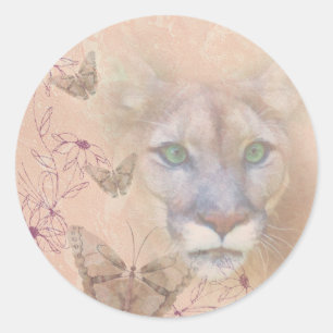 Cougar and Butterflies Classic Round Sticker