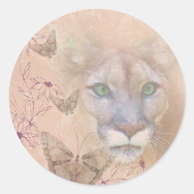 Cougar and Butterflies Classic Round Sticker (Front)