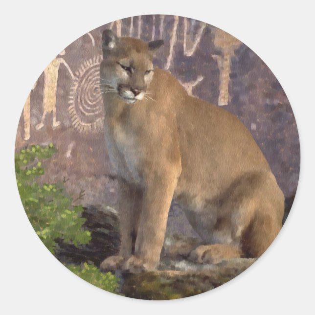 Cougar and Pictographs Classic Round Sticker (Front)