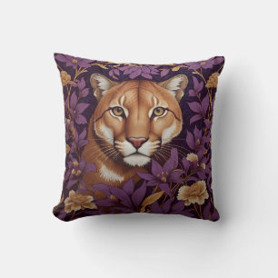 Cougar Face Among Deep Purple Foliage and Flowers Cushion