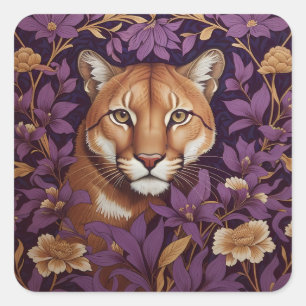 Cougar Face Among Deep Purple Foliage and Flowers Square Sticker