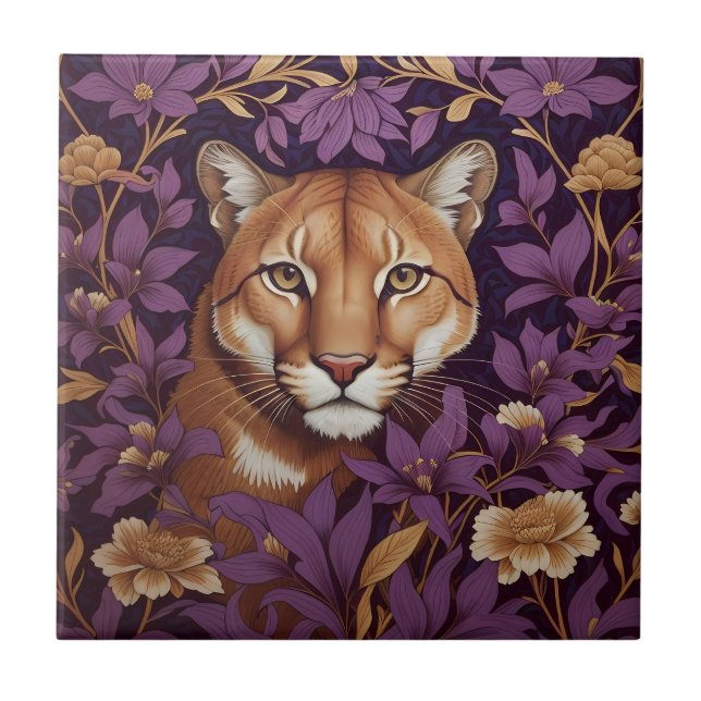 Cougar Face Among Deep Purple Foliage and Flowers Tile (Front)
