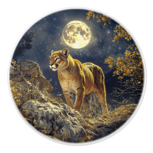 Cougar in the Moonlight Wildlife Art Ceramic Knob