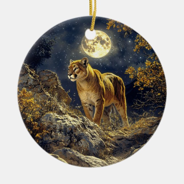 Cougar in the Moonlight Wildlife Art Ceramic Tree Decoration (Front)