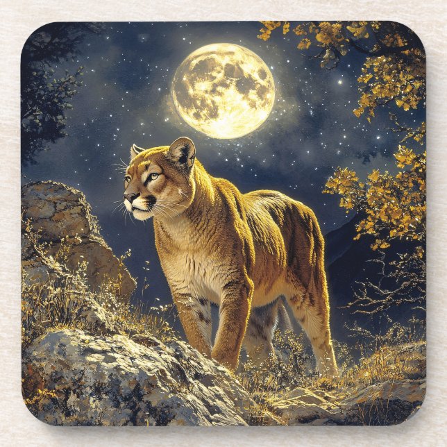 Cougar in the Moonlight Wildlife Art Coaster (Front)