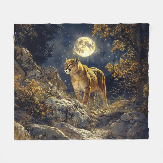 Cougar in the Moonlight Wildlife Art Fleece Blanket (Front (Horizontal))