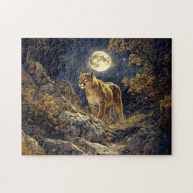 Cougar in the Moonlight Wildlife Art Jigsaw Puzzle (Horizontal)
