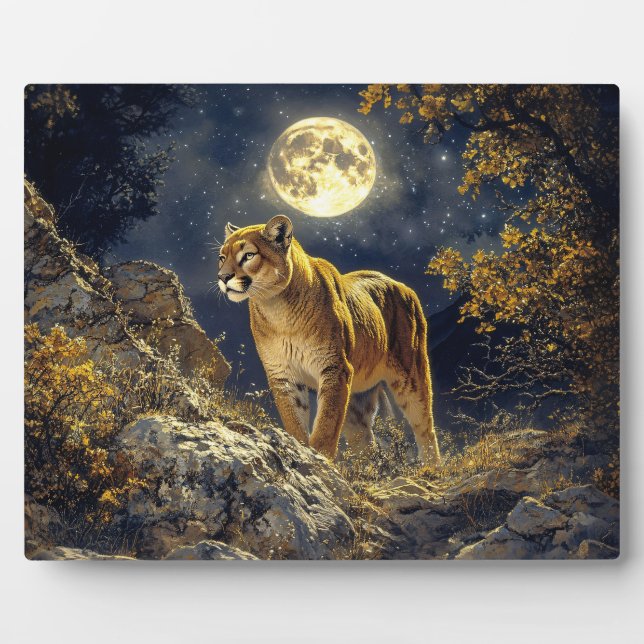 Cougar in the Moonlight Wildlife Art Plaque (Front)