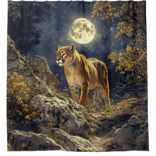 Cougar in the Moonlight Wildlife Art Shower Curtain